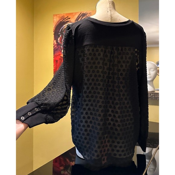 Skies Are Blue Black Knit Clip Dot Sheer Back Chiffon Sleeves Button Cuff Blouse - Picture 1 of 12